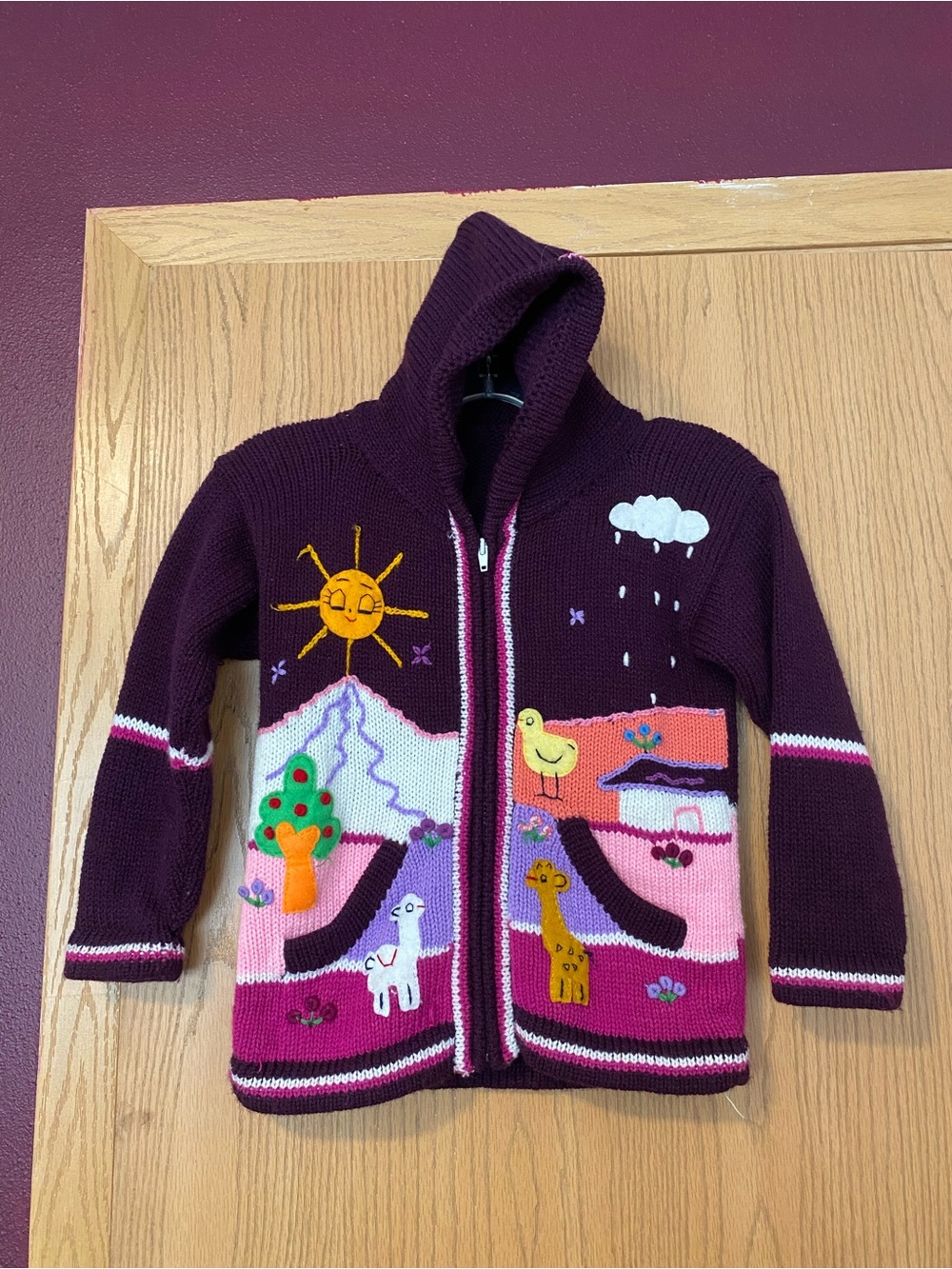 Children's Hooded Knit Animal Scene Cardigan - Plum
